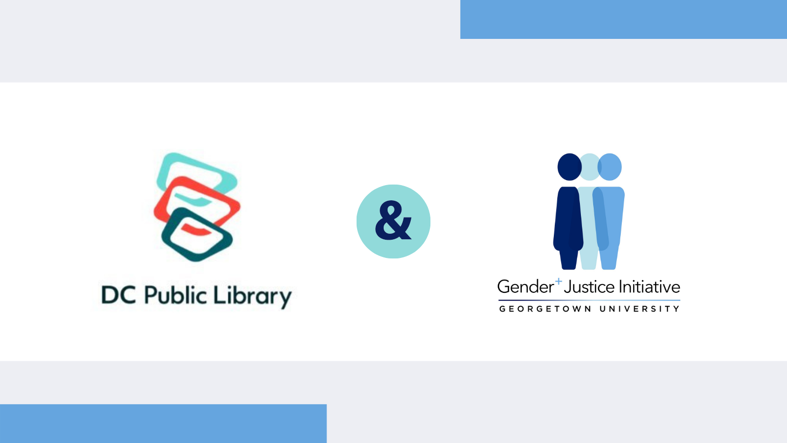 DC Public Library Logo, blue, orange, green and GJI Logo navy and light blue