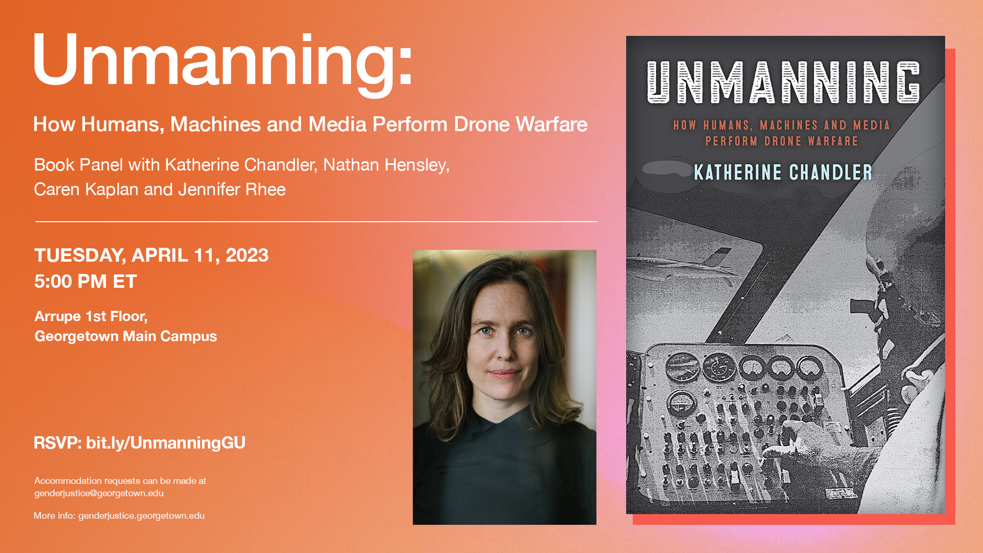 unamanning flyer, orange background, black text with details on event, center bottom headshot of author, white woman with black top smiling, right of image: picture of bookcover
