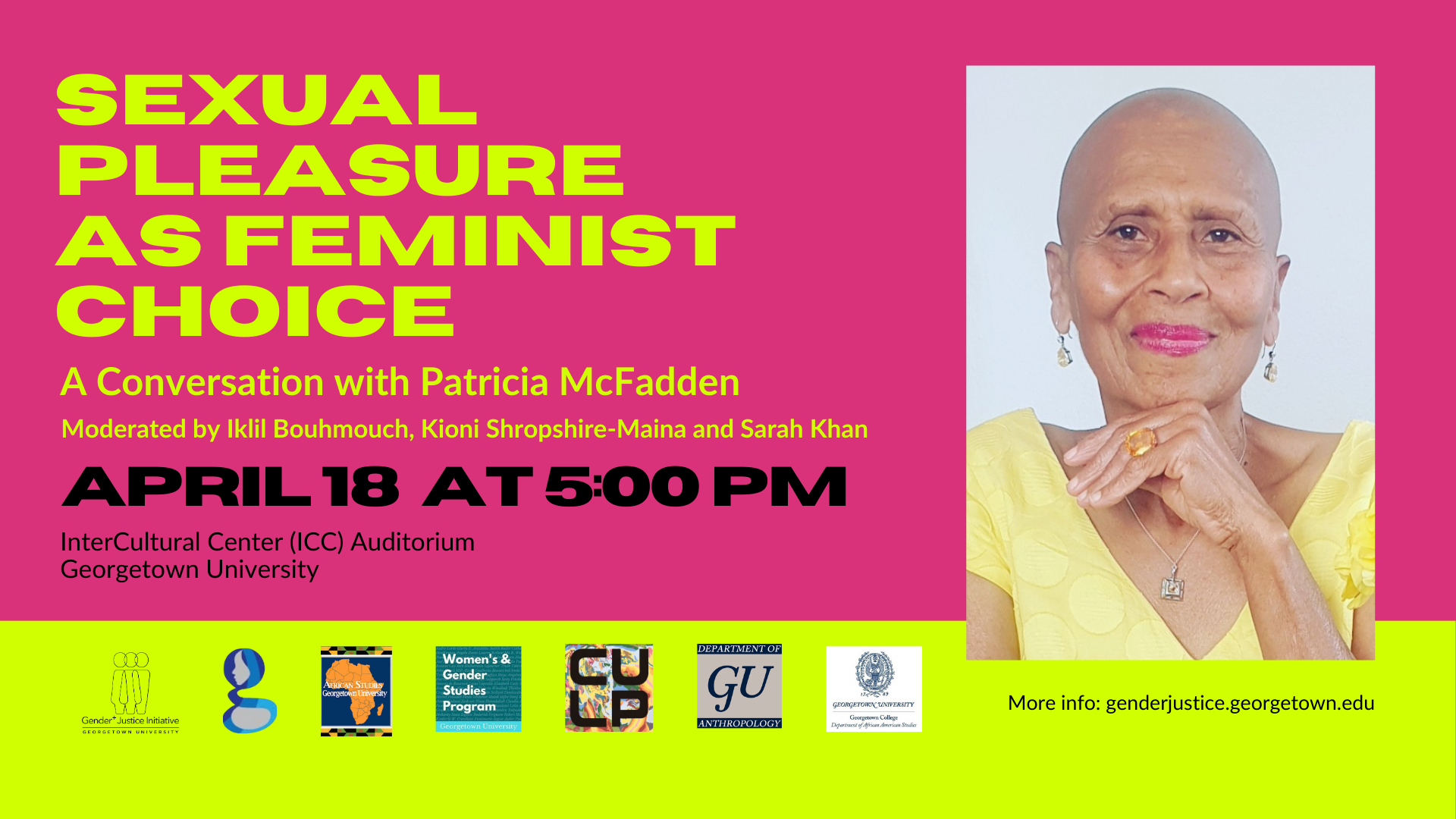 flyer for event, pink and neon yellow background with black text, headshot of speaker to right, black woman smiling wearing a yellow top