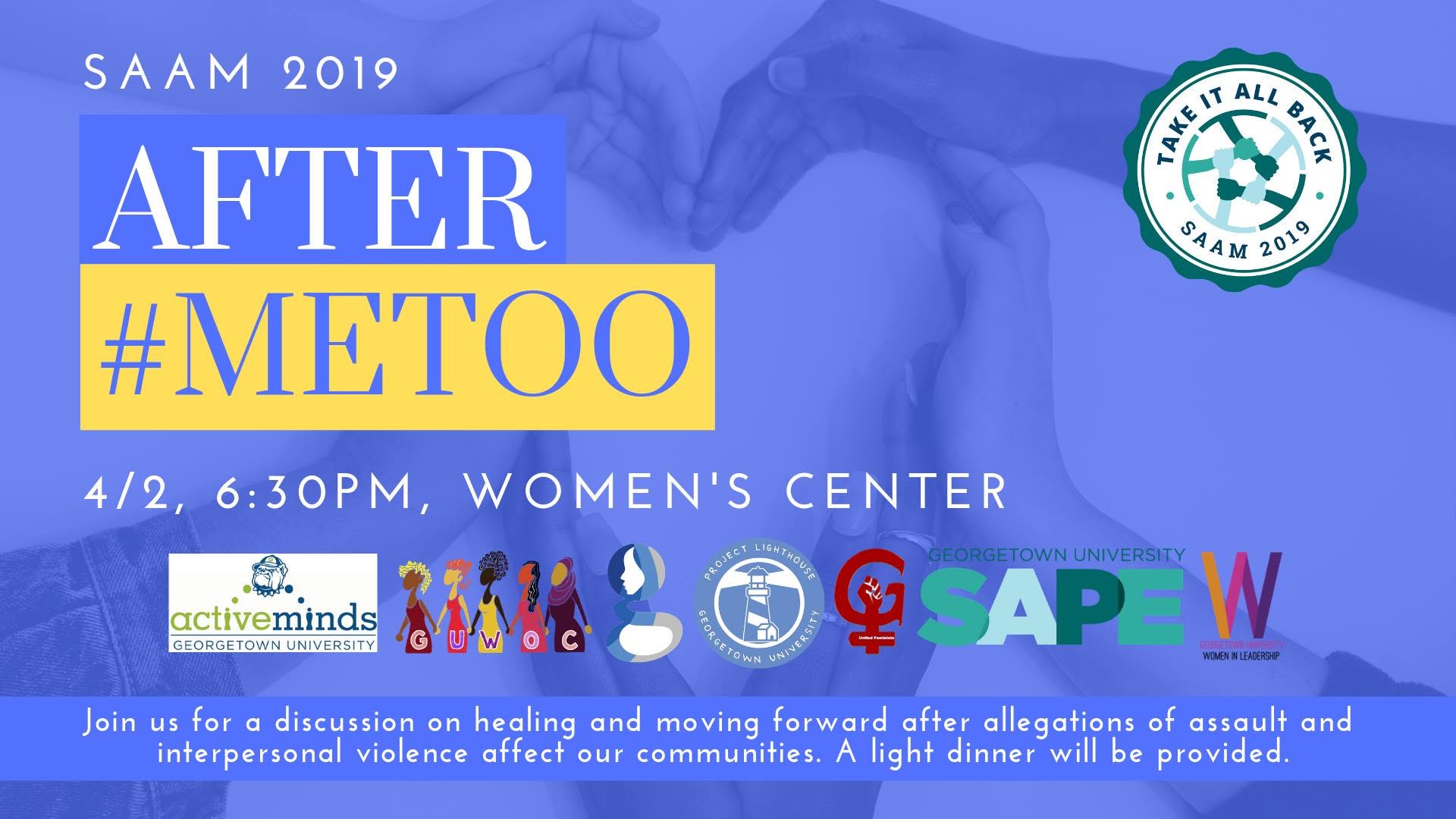 A flyer for an event titled "After #MeToo," featuring a discussion on healing and a light dinner.