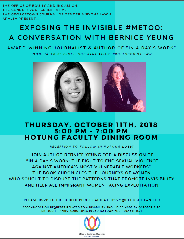 Event flyer for a book talk with author Bernice Yeung, moderated by Jane Aiken, Professor of Law at Georgetown University.