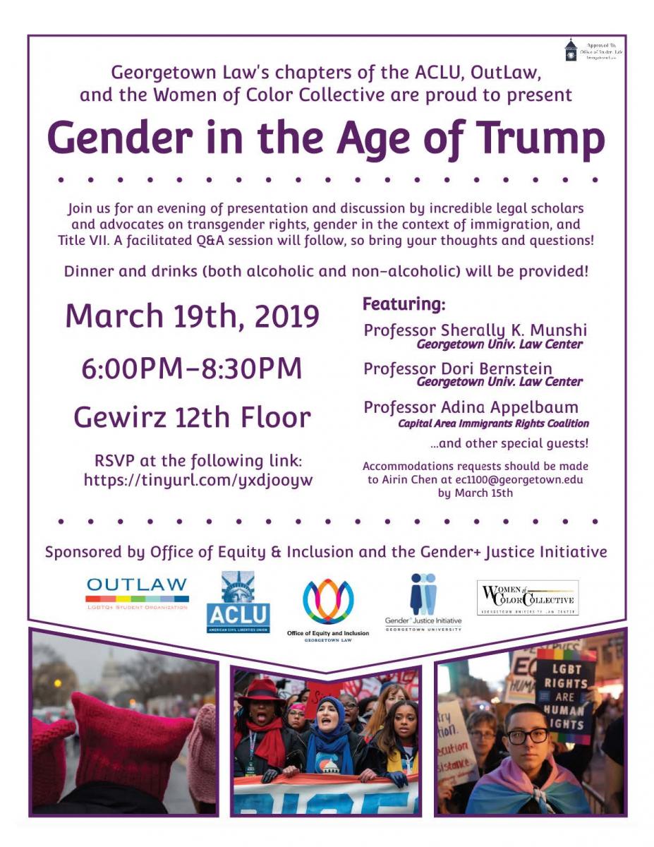 Flyer for a panel event titled "Gender in the Age of Trump"