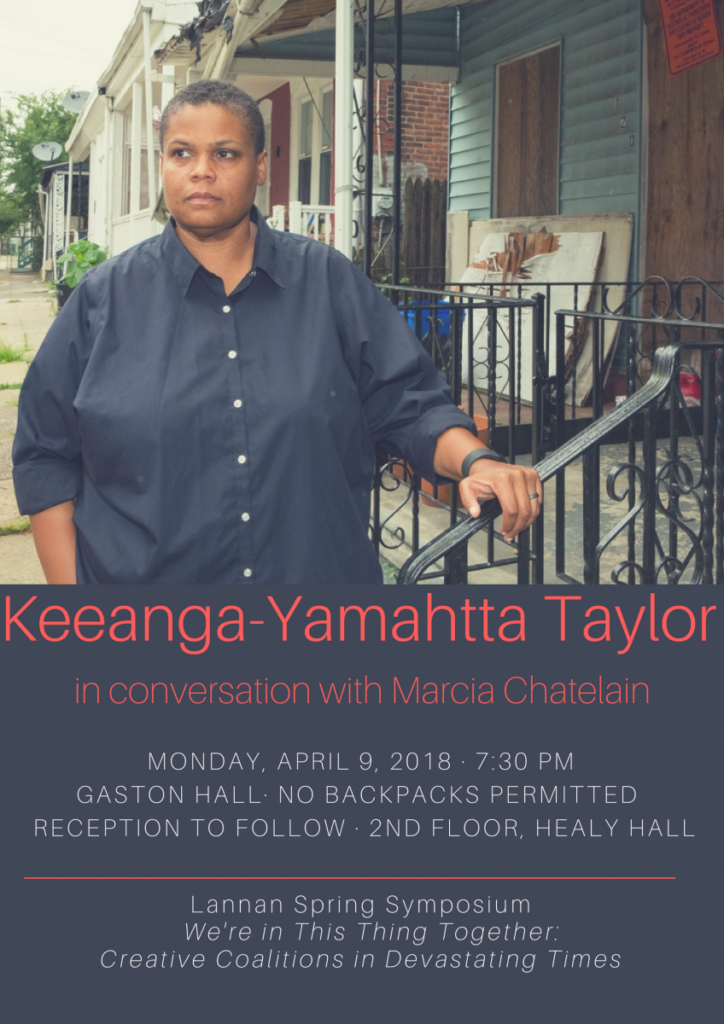 A flyer for a keynote lecture by Keeanga-Yamahtta Taylor, featuring a woman in a button-down shirt standing in front of a row of homes, hand on a stair rail.