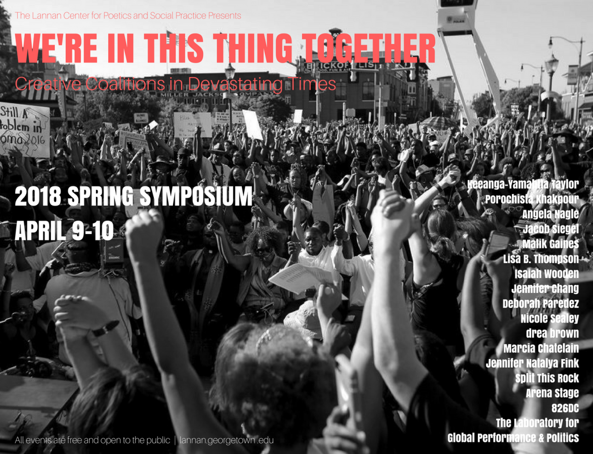 An event flyer for the 2018 Lannan Center Symposium. The background is a black and white image of many people protesting in a street.