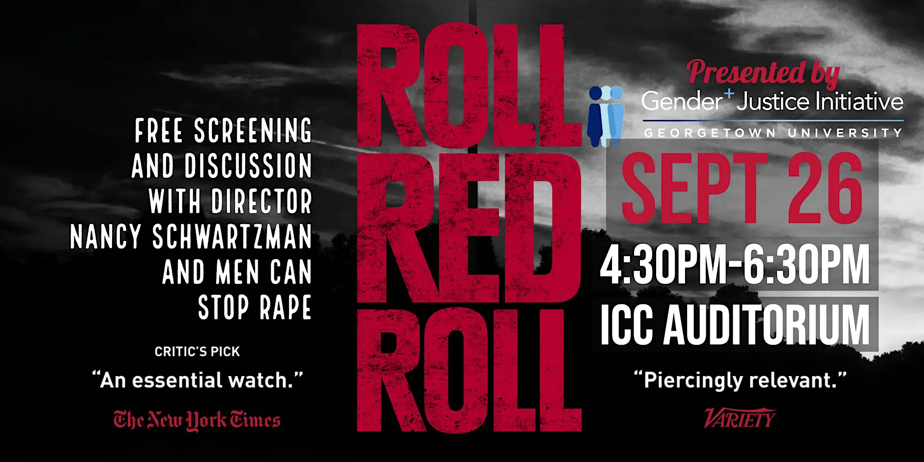 Event flyer for a screening of a film titled "Roll Red Roll" with the director Nancy Schwartzman.