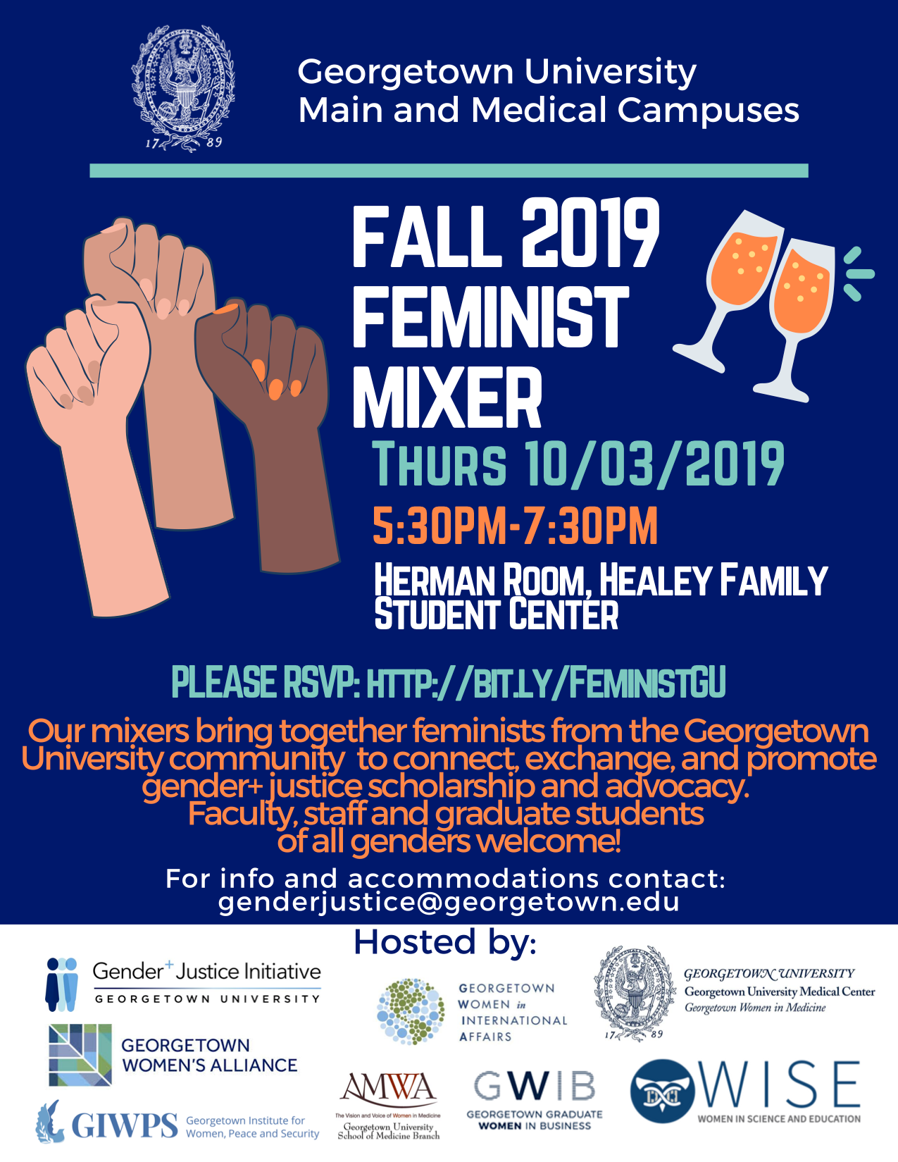 Event flyer with a blue background, a group of fists in the air, and a pair of clinking champagne glasses. The flyer displays details for the 2019 Feminist Mixer on the Georgetown Main Campus with a list of sponsors.