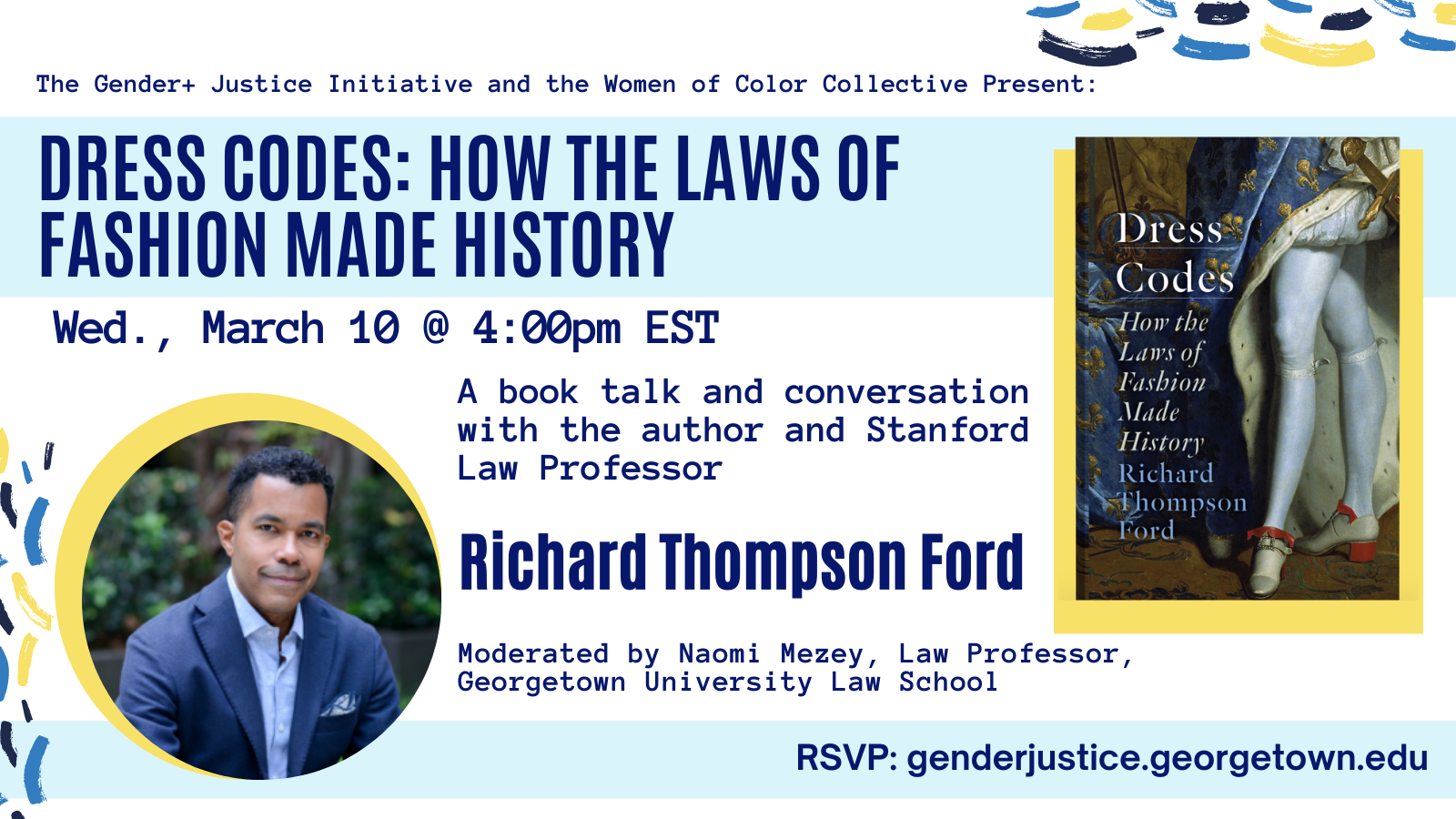 Flyer Book Talk: Dress Codes by Richard Ford - White background and dark blue text with all events details and author headshot