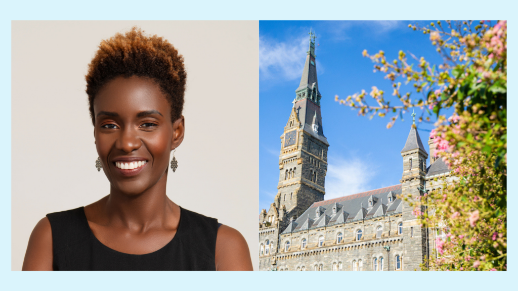 Left half image: headshot of Rokhaya Diallo and right half image Healy Hall