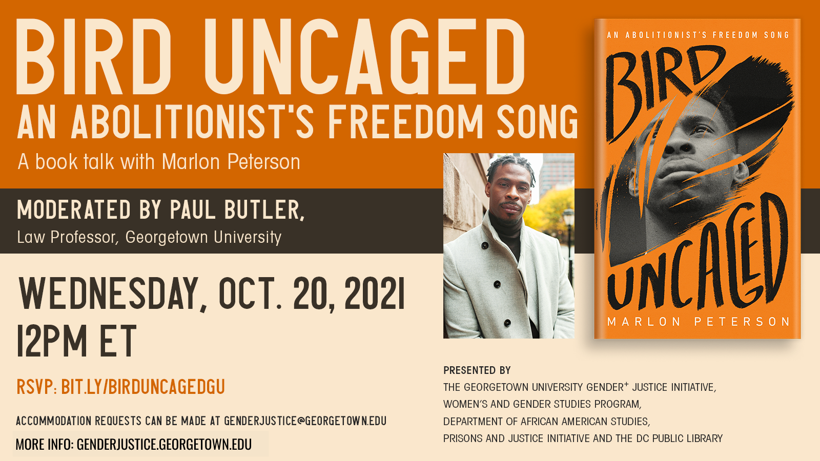 Bird Uncaged Flyer - Orange and beige background, gray text, headshot of author and book cover