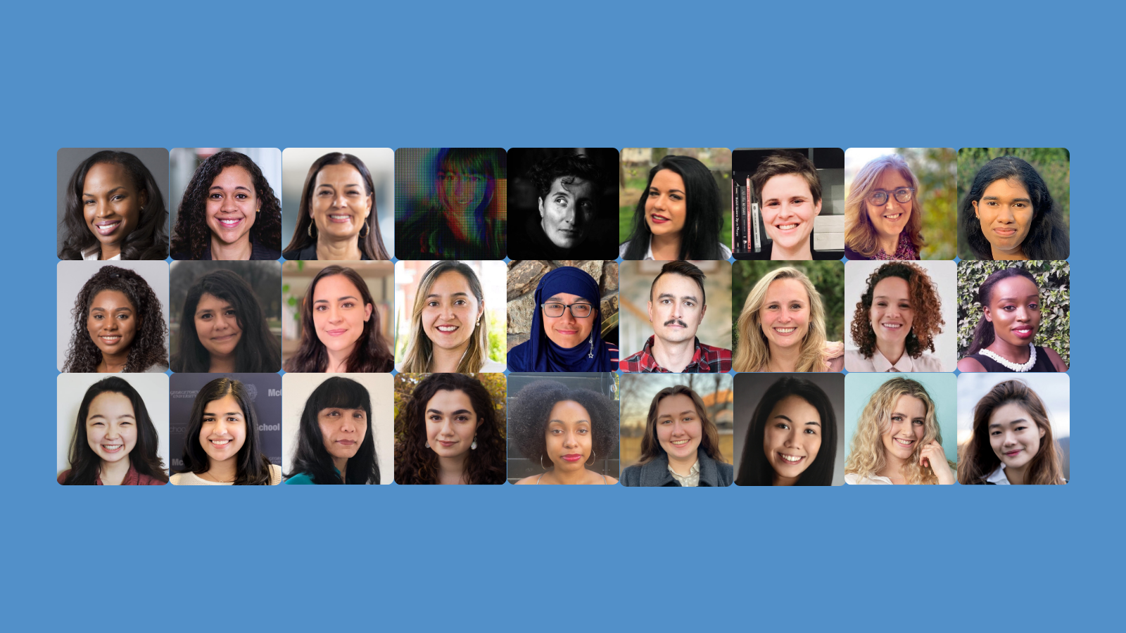 A collection of headshots of our 27 fellows against a light blue background.
