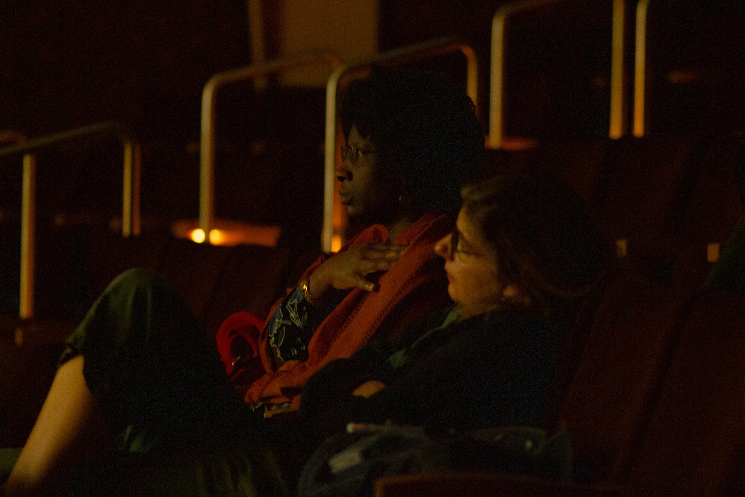Audience members in a dark room, watching the film.