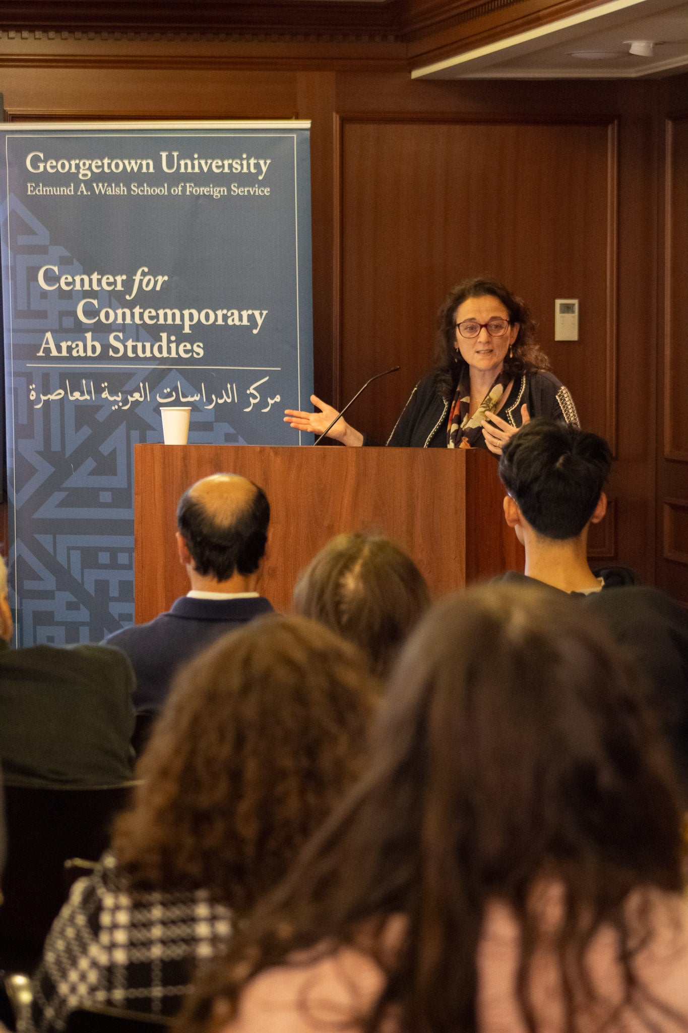 Dr. Adely stands at the podium, presenting her work.