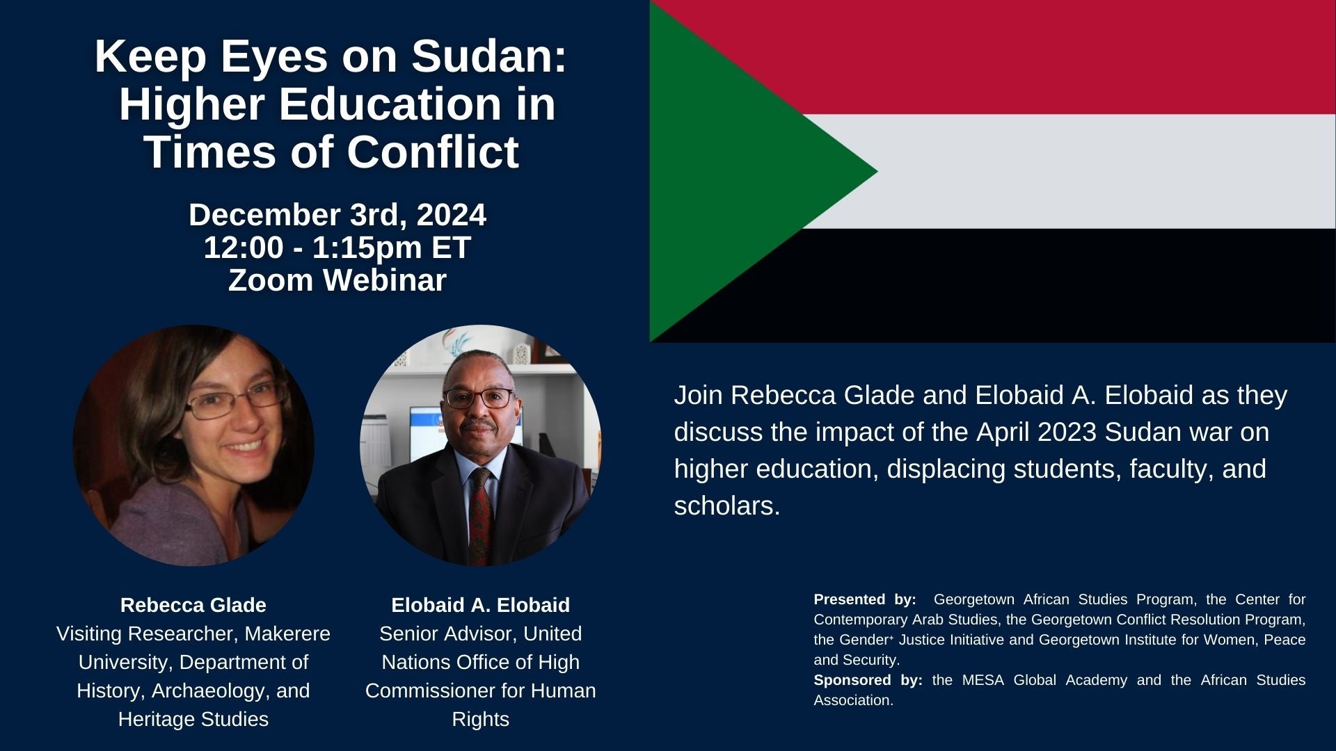 Event flyer featuring a dark blue bottom section and an image of the Sudanese flag in the top right corner. The flyer includes event details, sponsors, and photos of the speakers with their roles.