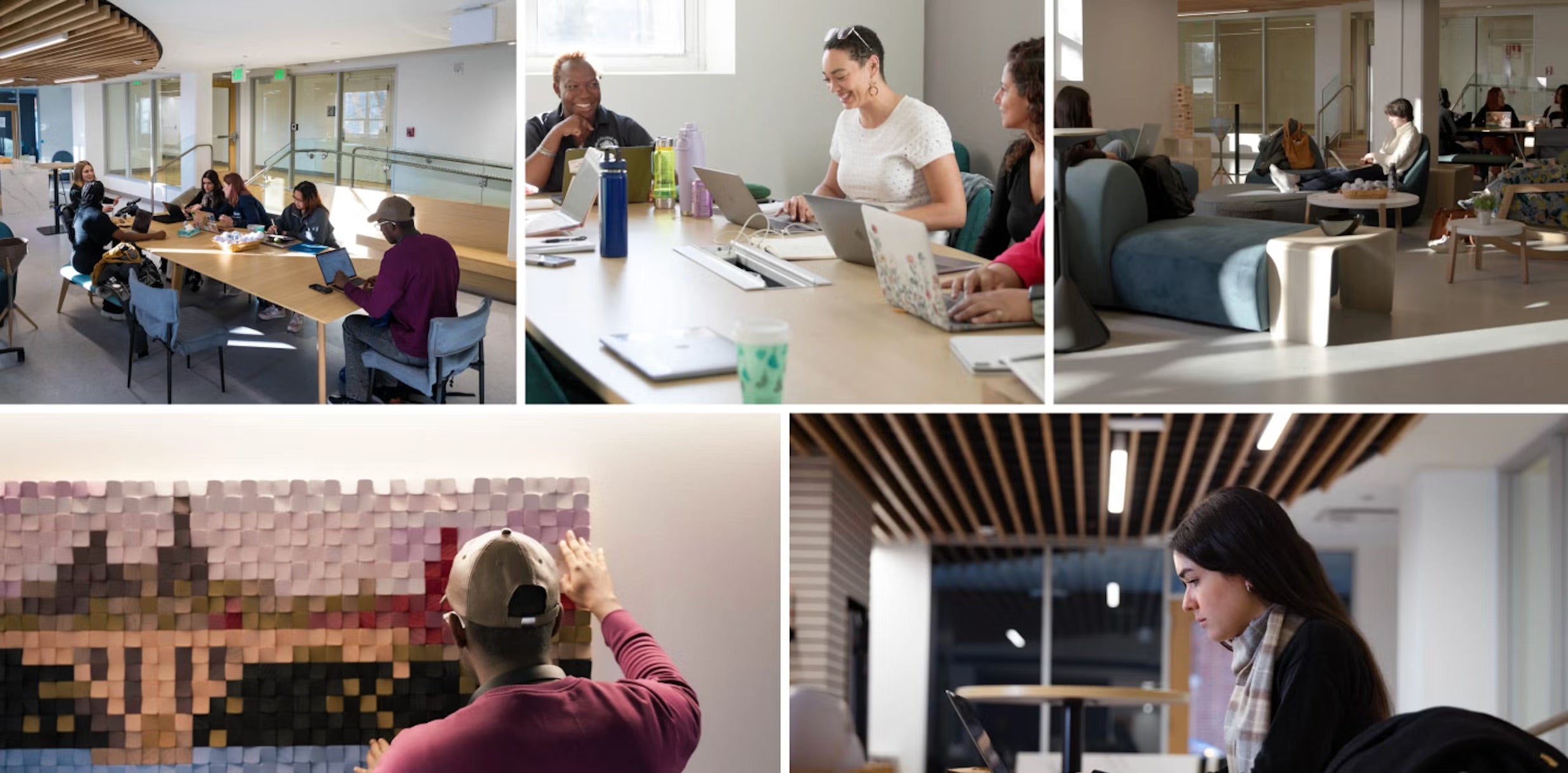A collage of five photos that show people in the OSEI space at Georgetown University. 