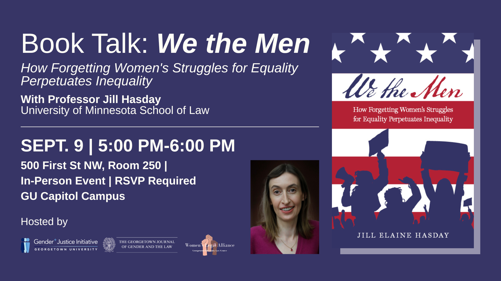 blue background, white text with event details. right of image blue, white and red book cover and bottom center, headshot of speaker, white woman with brown straight hair smiling wearing a burgundy top. Bottom left, logos of co-sponsors.