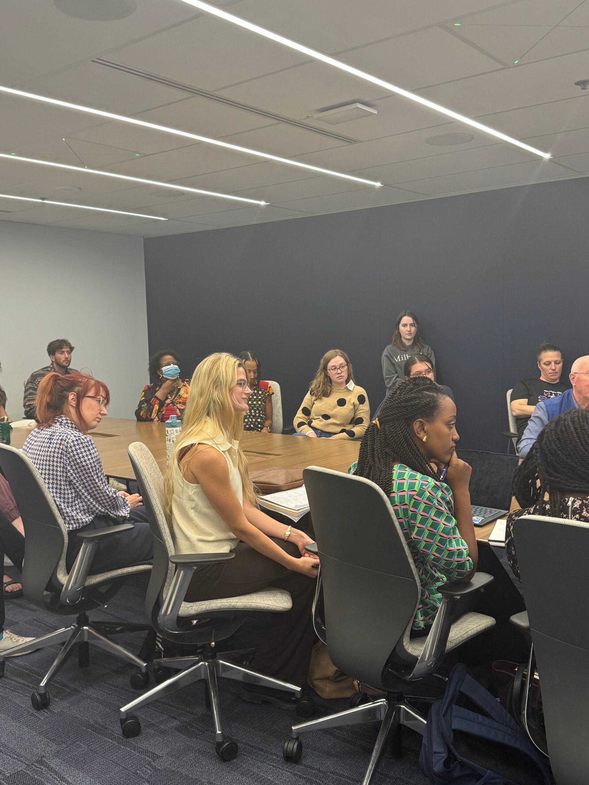 A group of people sitting around a conference table, facing forward.