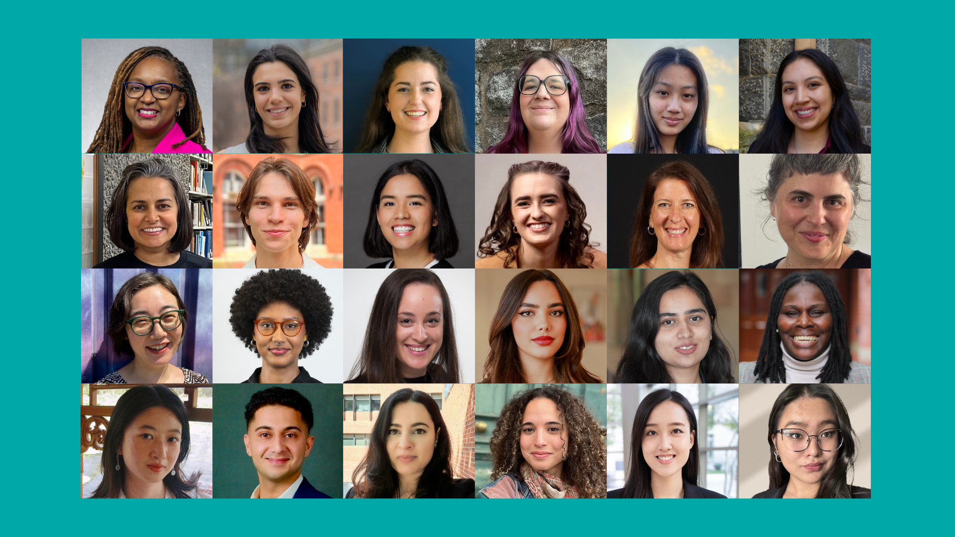 Teal background and at the center is a collection of headshots of 24 fellows.