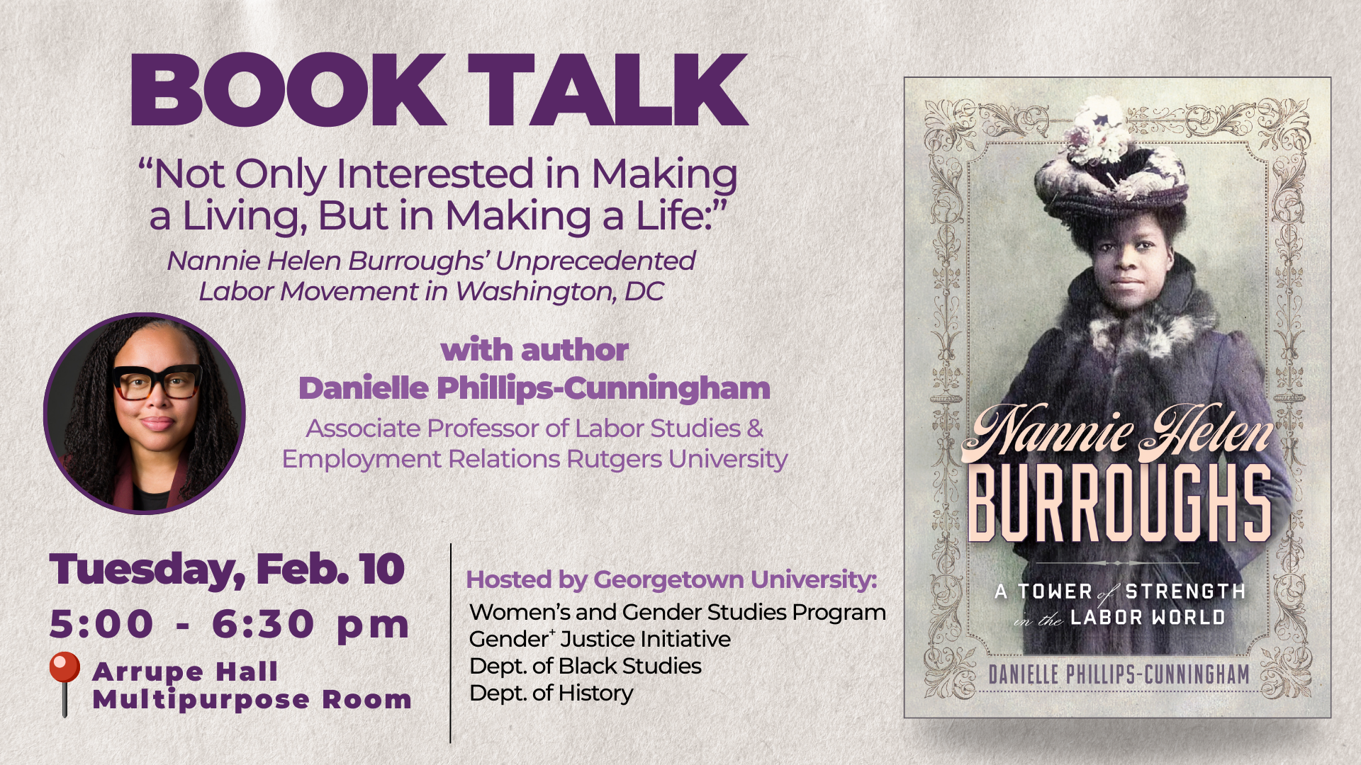 The flyer has a light beige, textured paper background with purple text throughout. The title 