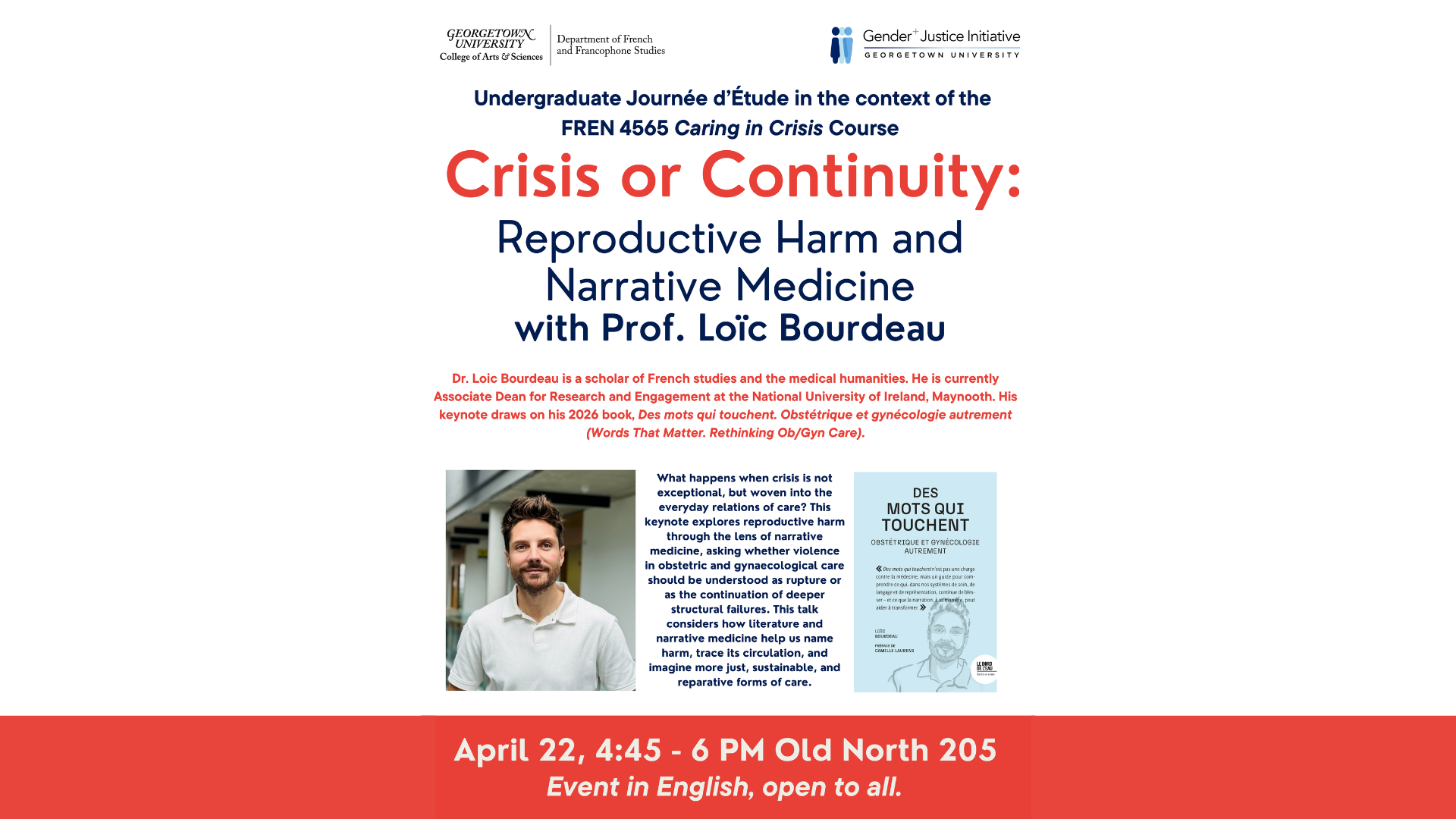 A white event flyer with a red banner at the bottom. The event is a keynote lecture by Dr. Loïc Bourdeau titled 
