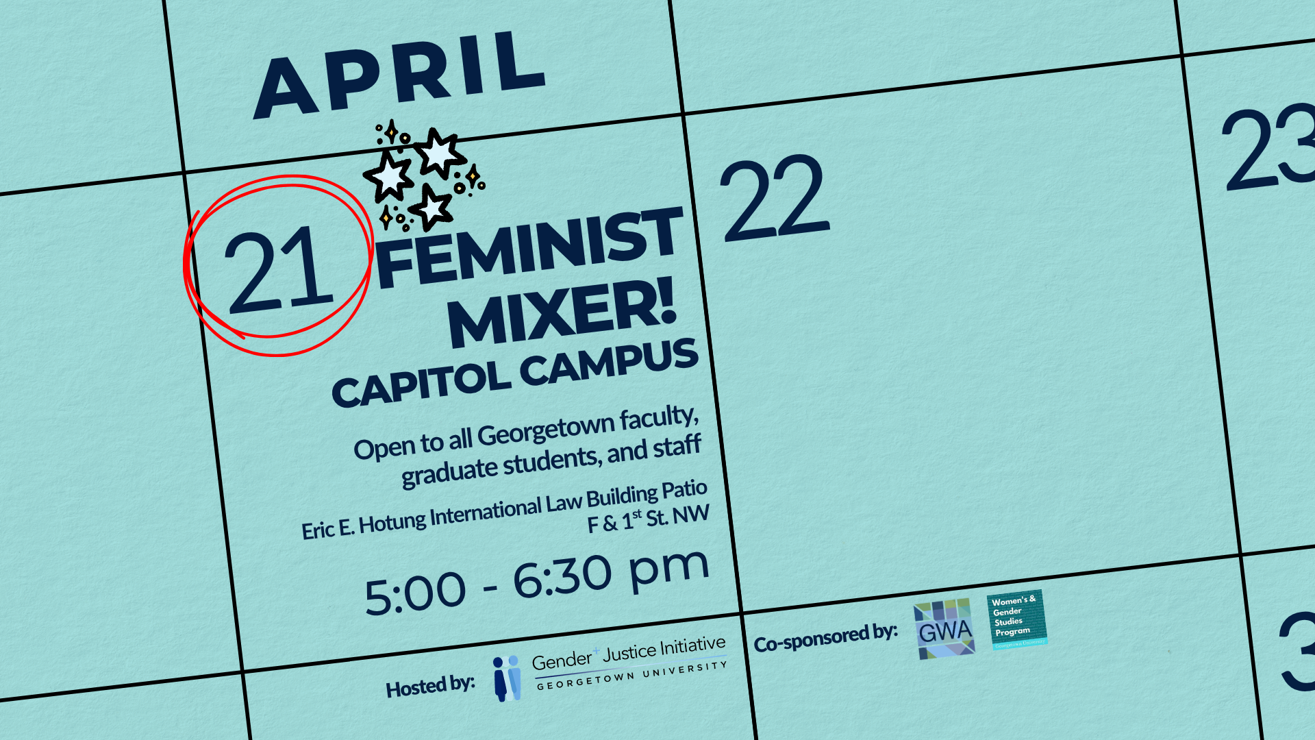 A teal colored graphic stylized like a calendar, tilted slightly and zoomed in on a box with the number 21, circled in red. Above that in bold blue text reads 