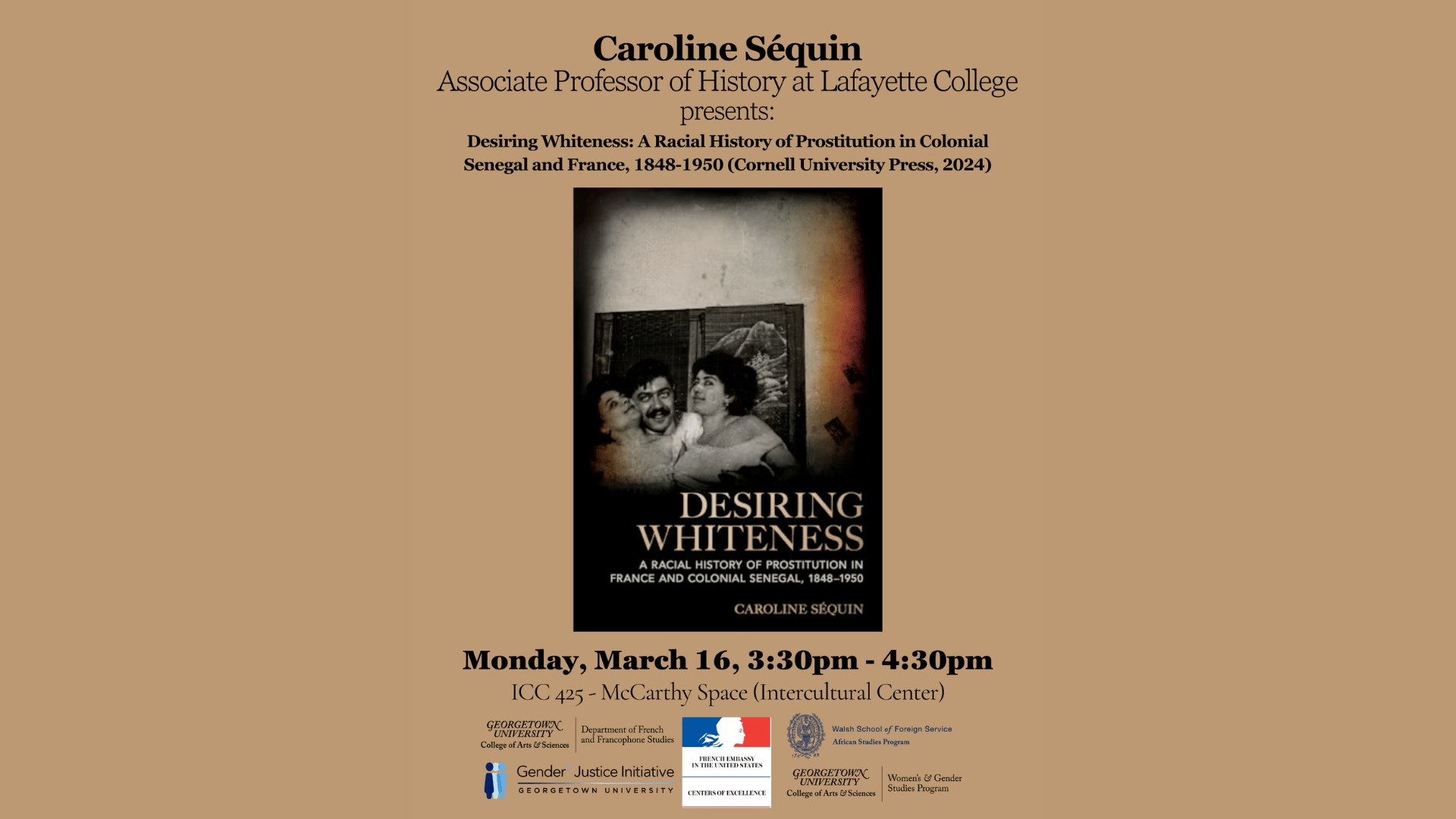 An event flyer against a tan background. The event is a book talk with author Caroline Séquin on her publication titled 