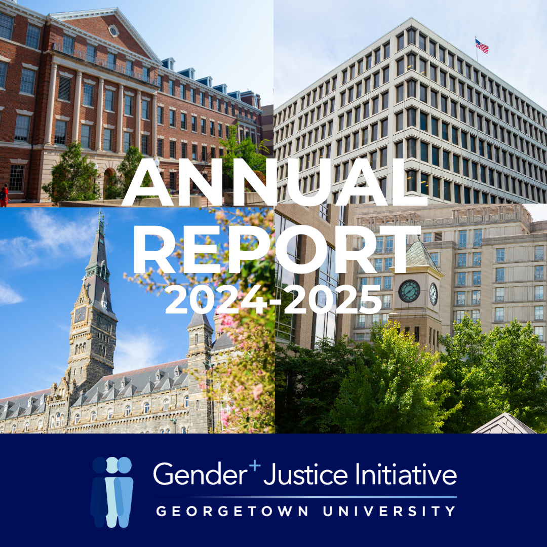 Annual report cover for 2024–2025 featuring a four-panel collage of Georgetown University campus buildings, including red-brick academic halls, a modern office building with an American flag, and a historic clocktower and chapel. Overlaid centered text reads “ANNUAL REPORT 2024–2025.” At the bottom, a blue banner displays the Gender+ Justice Initiative logo and the text “Gender+ Justice Initiative – Georgetown University.”