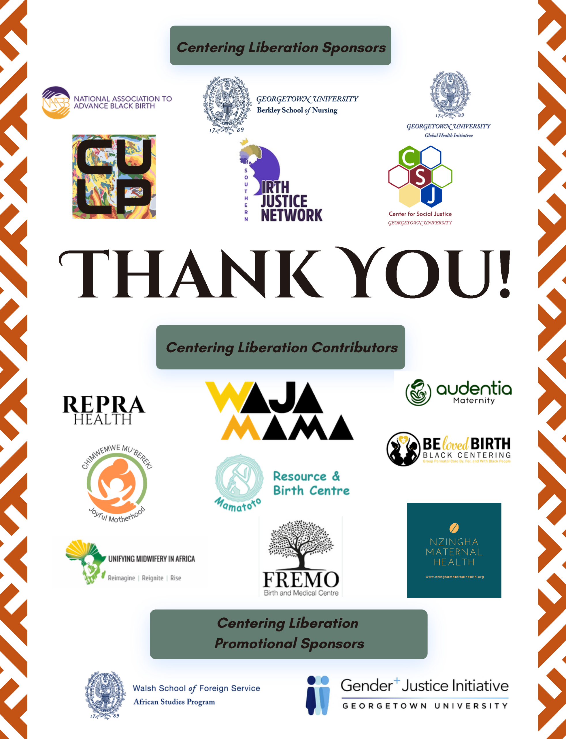 A white event flyer with an orange geometric pattern bordering the top and bottom. Large text reads “Thank you!” and is surrounded by logos of 17 partnering organizations.