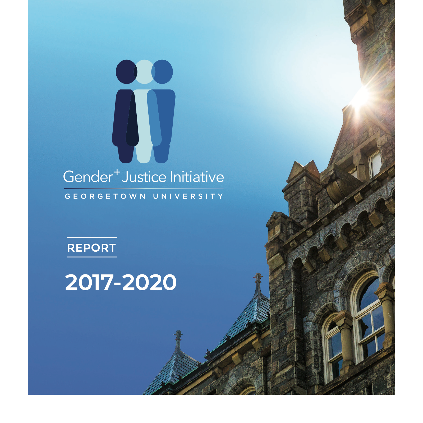 Cover of the Gender+ Justice Initiative 2017–2020 Report, featuring Georgetown University’s historic stone architecture against a blue sky, with sunlight shining from behind the building.
