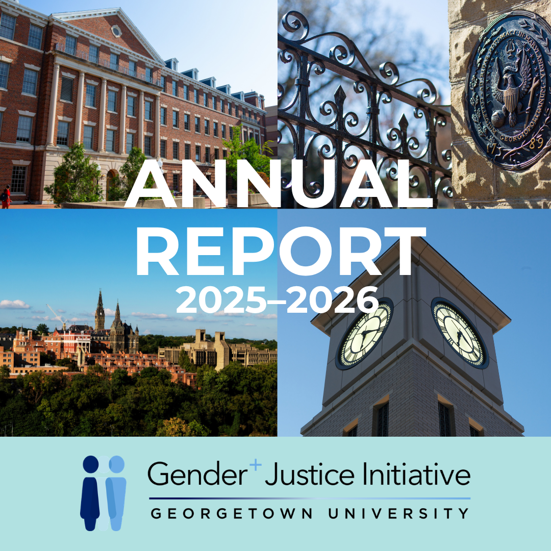 Cover of the Gender+ Justice Initiative 2025–2026 Annual Report, featuring a collage of Georgetown University campus landmarks, including historic campus buildings, an ornamental gate, the university seal, and a clock tower.