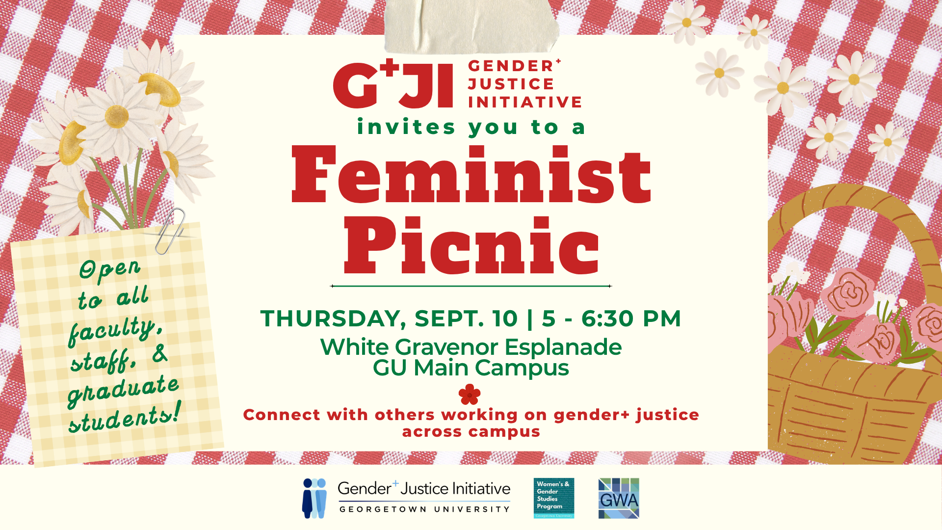 Event flyer for the G+JI Fall 2026 Feminist Picnic. It is stylized with a red and white checkered picnic blanket background, surrounded by graphics of flowers.