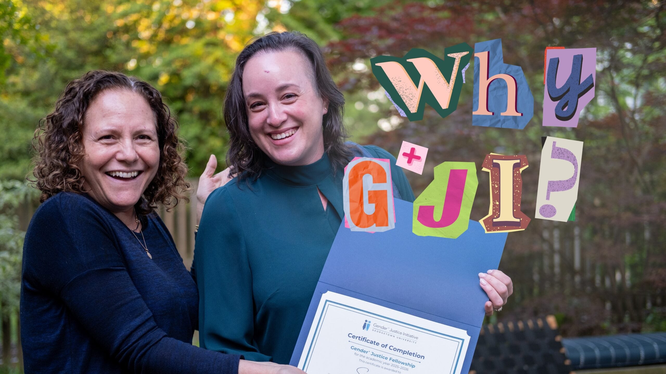 Two women holding up a certificate and smiling. Text in colorful magazine cutout style to the right reads 