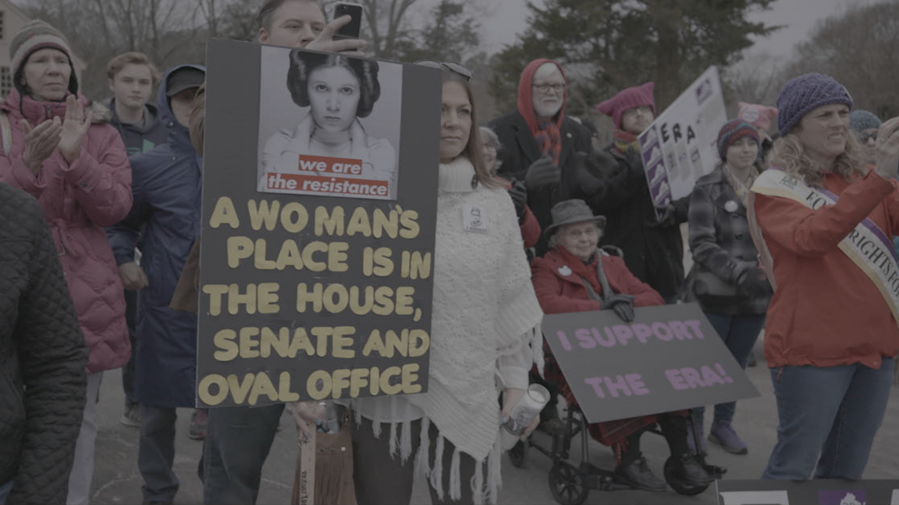 A group of demonstrators at a women's rights rally hold signs supporting gender equality and the Equal Rights Amendment. In the foreground, a woman holds a sign featuring Princess Leia that reads, 