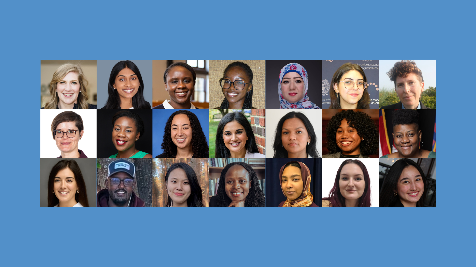Light blue background and at the center is a mosaic of headshots of 21 fellows.